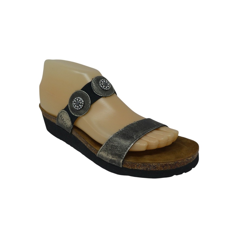 Naot Slide Sandal Women 9 Pewter Metallic Leather Medallion Comfort Open Toe